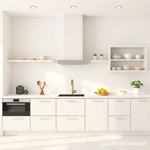 Cuisine minimaliste avec des ustensiles essentiels et des étagères épurées