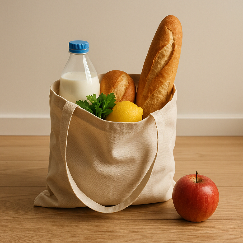 Photographie d’un sac cabas en toile beige posé au sol, contenant une baguette, du pain, une bouteille de lait, un citron et du persil, avec une pomme rouge placée à côté.