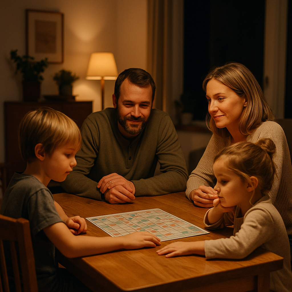 Photographie d’une famille de quatre personnes assise autour d’une table en bois, jouant à un jeu de société dans un salon chaleureux éclairé par une lampe.