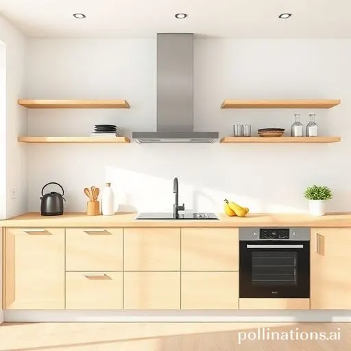 Cuisine minimaliste avec plans de travail dégagés et quelques ustensiles essentiels