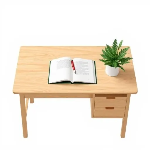 Un bureau d'étude épuré avec un livre, un stylo et une plante verte