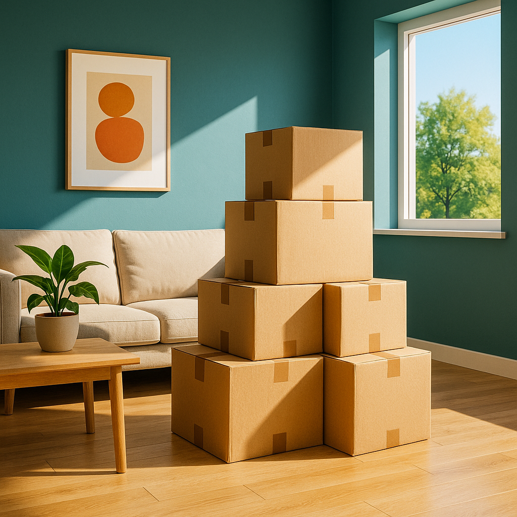Photographie d’un salon minimaliste coloré avec mur vert d’eau, canapé beige, table basse en bois clair avec une plante en pot, œuvre murale orange et cinq cartons de déménagement empilés.